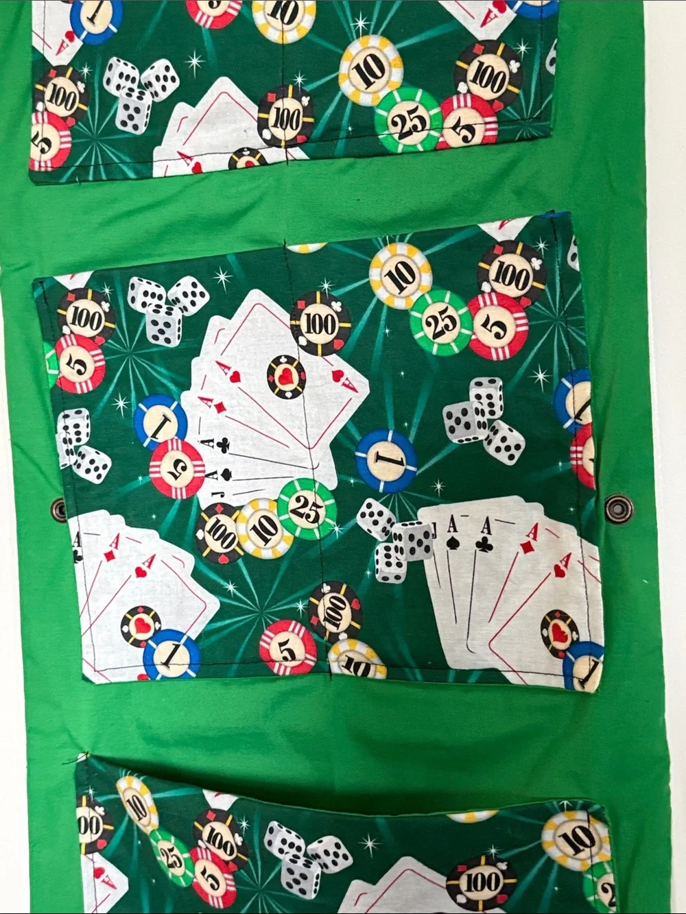 Vintage Poker-Themed Hanging Organizer in Green cards chips dice Vegas storage